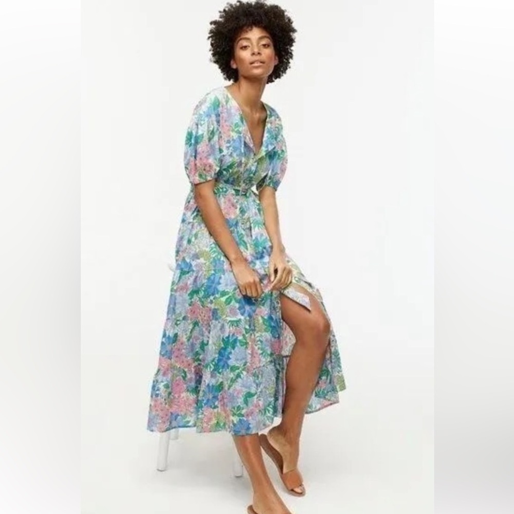 J. Crew Blue and Pink Puff Sleeve Sundress